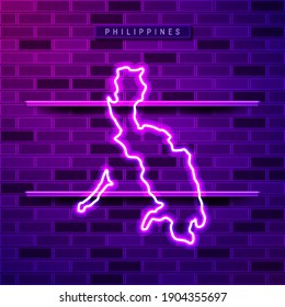 Philippines map glowing neon lamp sign. Realistic vector illustration. Country name plate. Purple brick wall, violet glow, metal holders.