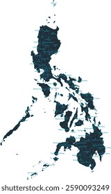 Philippines map high detailed with administrative divide by state, capital cities names, outline simplicity style. Vector illustration EPS10.