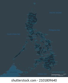 Philippines map. High detailed map of Philippines with countries, borders, cities, water objects. Vector illustration eps10