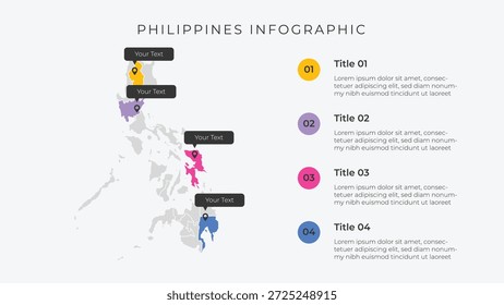 Philippinen Karte Infografik Vorlage mit 4 Optionen. Infografik zur Verwaltungskarte der Philippinen für die Präsentation.