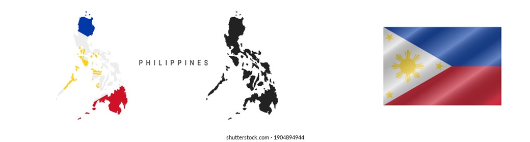 Philippines. Map with masked flag. Detailed silhouette. Waving flag. Vector illustration isolated on white.