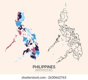 Filipinas Mapa com distritos administrativos separados por multicores, camadas separadas editáveis, zonas e bordas. Mapa para apresentação. Ilustração vetorial