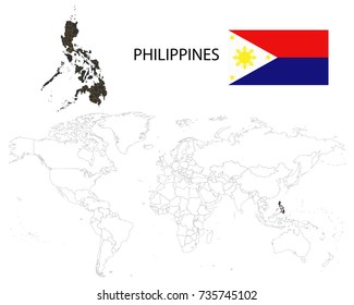 Philippines map on a world map with flag on white background.