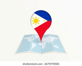 Filipinas Mapa Pin con Bandera Nacional en Mapa Mundial Abierto. Perfecto para su uso en guías de viaje, contenido de geografía, conceptos de posicionamiento global y temas de negocios internacionales.