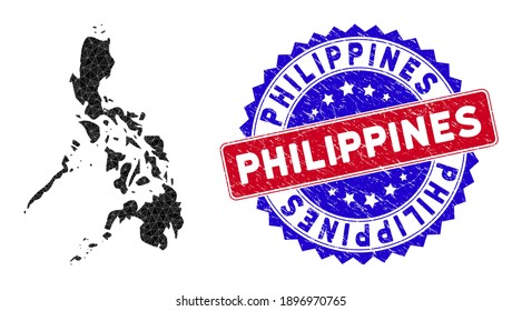 Philippines map polygonal mesh with filled triangles, and distress bicolor watermark. Triangle mosaic Philippines map with mesh vector model, triangles have variable sizes, and positions,