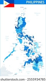 Philippines Map Vector Blue Spot - Customizable layered political map of Philippines with administrative divisions for website, education, reports, news, politics, print, poster and wallpaper