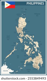 Philippines Map Vector NVintage Dark Blue Beige - Customizable layered political map of Philippines with administrative divisions for website, education, reports, news, politics, print, poster and wal