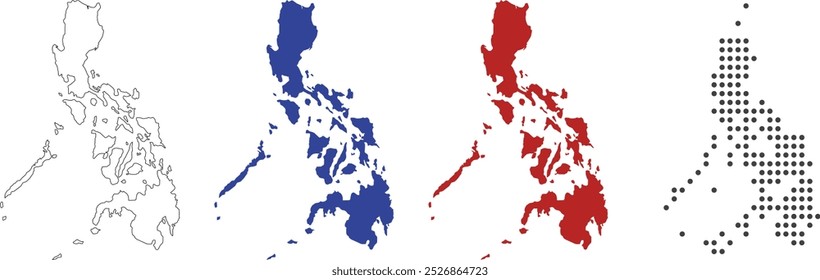 Filipinas mapa vetor em contorno, azul, vermelho, estilo pontilhado