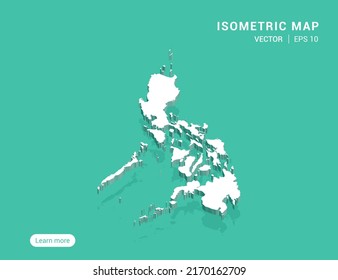 Philippines map white on green background with 3d isometric vector illustration.