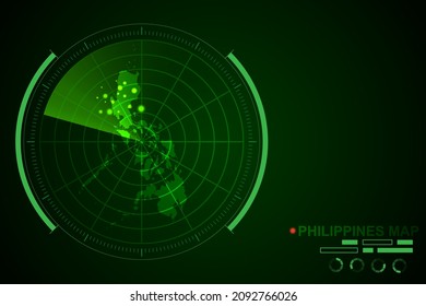 Mapa de Filipinas - Mapa Mundial Plantilla vectorial Internacional con el estilo de radar de círculo futurista HUD, GUI, interfaz de interfaz de usuario aislada en fondo verde oscuro - Ilustración vectorial eps 10