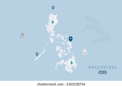 Mapa de Filipinas - Mapa mundial Plantilla vectorial internacional Alto detalle con color blanco aislado en fondo azul incluyendo punto de ubicación simple, árbol, icono del barco - Ilustración vectorial eps 10