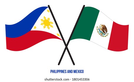 Banderas de Filipinas y México cruzadas y ondeando estilo plano. Proporción oficial. Colores correctos.