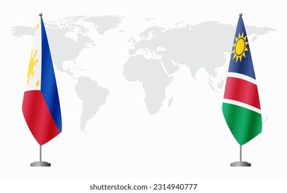 Philippines and Namibia flags for official meeting against background of world map.
