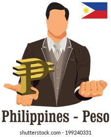 Philippines national currency symbol Philippine peso representing money and Flag. Vector design concept of businessman in suit with his open hand over with currency on white background in EPS10.