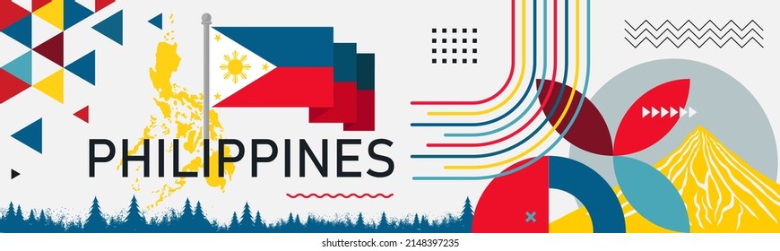 Philippines national day banner design. Filipino flag and map theme with Mayon volcano background. Abstract geometric retro shapes of red yellow blue color. Travel Vector Illustration.