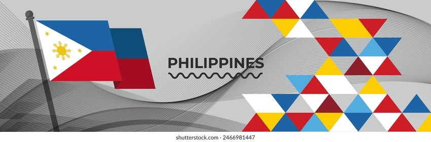 Philippines national day banner design. Filipino flag theme triangles art background. Abstract celebration pattern, red blue yellow color. Philippine flag geometric vector illustration cover.