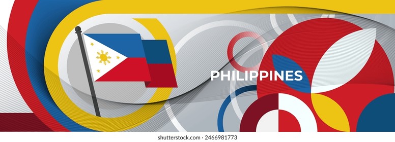 Philippines national day banner design. Philippine flag theme circles rings web art background. Abstract celebration pattern, red blue yellow color. Filipino flag geometric vector illustration cover.