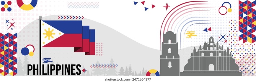 Philippines national day banner design. Filipino flag theme with Paoay Church, Ilocos Norte in background. Abstract geometric retro shapes of red yellow blue color. Travel Vector Illustration.