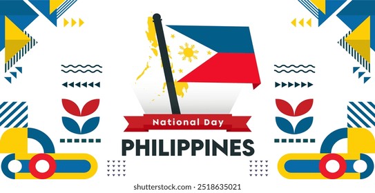 Projeto de banner do dia nacional das Filipinas. Bandeira filipina e tema do mapa 
 fundo. Abstrato design geométrico retro formas. Ilustração do vetor de viagem.