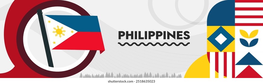 Projeto de banner do dia nacional das Filipinas. Bandeira filipina e tema do mapa 
 fundo. Abstrato design geométrico retro formas. Ilustração do vetor de viagem.