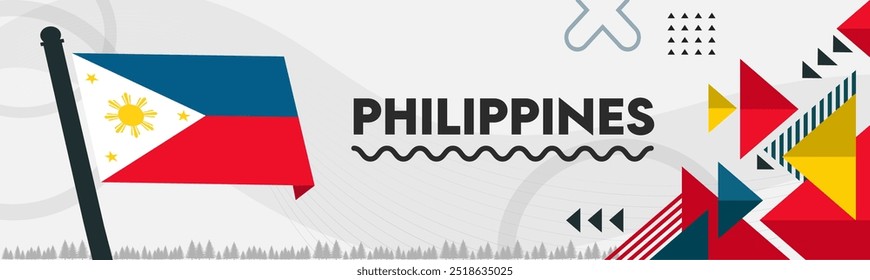 Projeto de banner do dia nacional das Filipinas. Bandeira filipina e tema do mapa 
 fundo. Abstrato design geométrico retro formas. Ilustração do vetor de viagem.