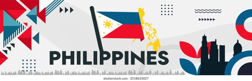 Diseño de Anuncio del día nacional de Filipinas. Bandera filipina y tema del mapa 
 antecedentes. Diseño de Formas retro geométricas Abstractas. Ilustración vectorial de viaje.