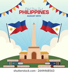 Dia dos Heróis Nacionais das Filipinas em 25 de agosto com bandeira e ilustração do monumento Rizal no fundo de explosão solar