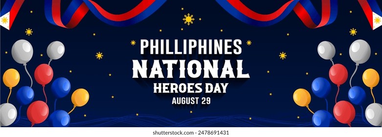 Philippines National Heroes Day Banner Template Vector. Commemorating Philippines National Hero Day 29 August. With colorful ribbons and balloons themed on the colors of the Philippine flag