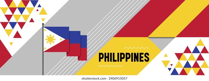 Philippines national or independence day banner design for country celebration. Flag of Filipino with modern retro design and abstract geometric icons. Vector illustration
