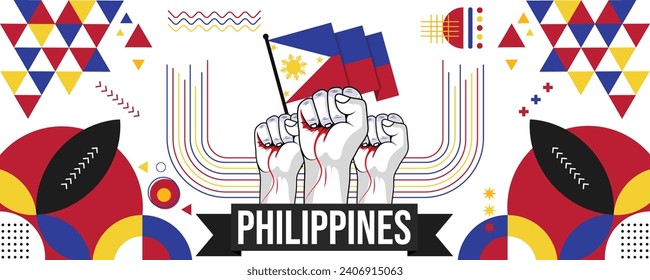 Philippines national or independence day banner for country celebration. Flag of Filipino with raised fists. Modern retro design with typorgaphy abstract geometric icons. Vector illustration.