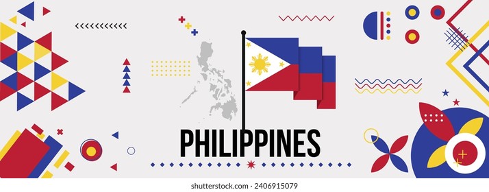 Philippines national or independence day banner for country celebration. Flag and map of Filipino with modern retro design with typorgaphy abstract geometric icons. Vector illustration.