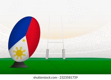 Philippines national team rugby ball on rugby stadium and goal posts, preparing for a penalty or free kick. Vector illustration.