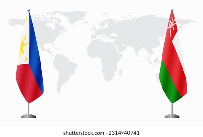 Philippines and Oman flags for official meeting against background of world map.
