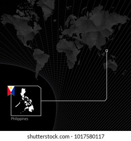 Philippines on black World Map. Map and flag of Philippines.