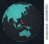 Philippines on a globe with a vintage look and grunge scratched texture. The country is viewed on a world map in a Dark Charcoal Turquoise color palette, highlighting the Philippines