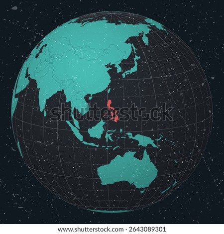 Philippines on a globe with a vintage look and grunge scratched texture. The country is viewed on a world map in a Dark Charcoal Turquoise color palette, highlighting the Philippines' shape. The globe includes meridians and parallels.