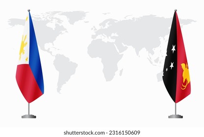 Philippines and Papua New Guinea flags for official meeting against background of world map.