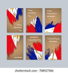 Philippines Patriotic Cards for National Day. Expressive Brush Stroke in National Flag Colors on kraft paper background. Philippines Patriotic Vector Greeting Card.
