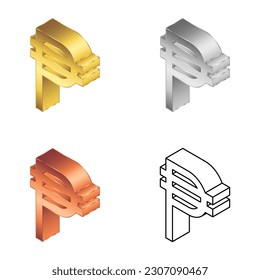 Philippines Peso (PHP) 2.5D Isometric Left View Currency Symbol Vector Design Set of Gold, Silver Gray, Copper, Line Art (Wireframe) Icon Isolated on White Background
