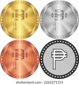 Philippines Peso (PHP) Currency Sign Symbol Circular Round Coin Digital Cryptocurrency Gold, Silver, Copper, Black-White Silhouette Logo Icon Isolated on White Background