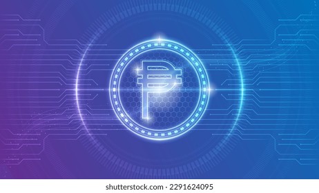 Philippines Peso (PHP) Currency Symbol Futuristic Neon Glow Cybernetic Digital Circuit Cryptocurrency Backdrop Background Design Illustration