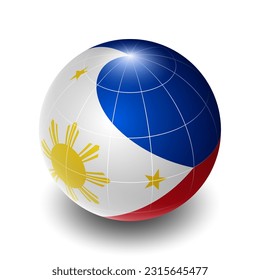 Philippines (PH) (Filipino) National Flag 2.5D Isometric View, Metallic Sphere Ball Globe Design, Flag Symbol Isolated on White Background