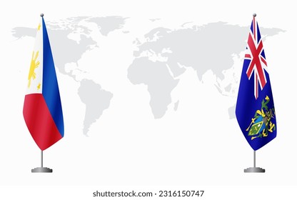 Philippines and Pitcairn Islands flags for official meeting against background of world map.