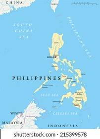 Philippines Political Map with capital Manila, national borders, most important cities, rivers and lakes. English labeling and scaling. Illustration.