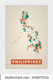 Philippines poster. Map of the country with colorful regions. Shape of Philippines with country name. Stylish vector illustration.