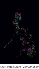 Philippines Regions Word Clouds. Bright neon style design on dark background. Region names of the country in English language. Country shape with administrative division. Trending vector illustration.