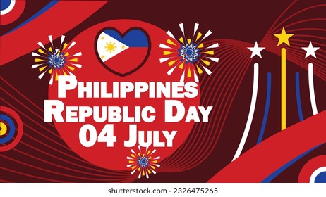 Banner vectorial del Día de la República de Filipinas con formas geométricas retro, bandera de Filipinas y tema de color, forma cardíaca y tipografía. Afiche gráfico moderno del Día de la República de Filipinas  