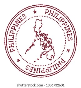 Philippines round rubber stamp with country map. Vintage red passport stamp with circular text and stars, vector illustration.