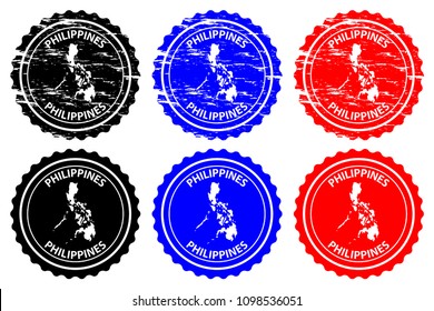 Philippines - rubber stamp - vector, Republic of the Philippines map pattern - sticker - black, blue and red