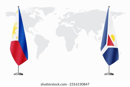 Banderas de Filipinas y San Martín para una reunión oficial en el fondo del mapa mundial.